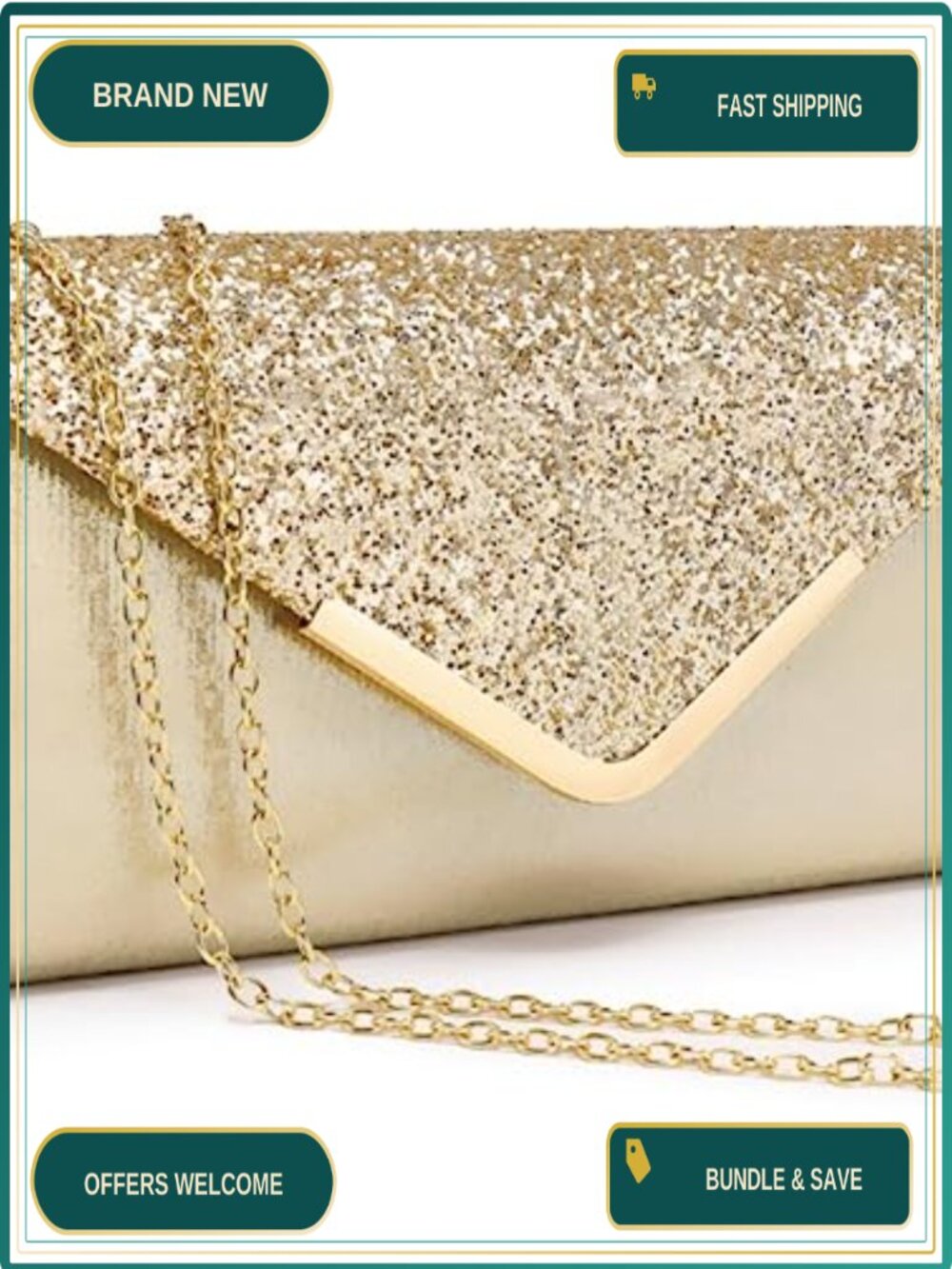 Glitter Envelope Evening Clutch Satin Formal Purse Detachable Strap